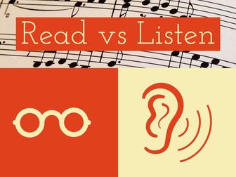 "Read vs Listen" graphic with musical notes, glasses, and an ear, highlighting different aspects of learning.