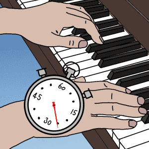 Hands playing a piano with a stopwatch in the foreground, possibly indicating how long should the piano lesson be