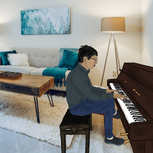 Beeld in cartoonstijl van iemand zittend aan een piano in een gedecoreerde kamer, wat een ontspannen omgeving suggereert